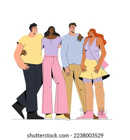Fashionable company of friends support each other.