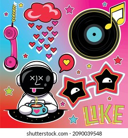 Fashionable, cool set of bright pop art stickers. Vector, stylish background with cute, cartoon applications of astronaut with cup of coffee, music record, telephone receiver, sunglasses.