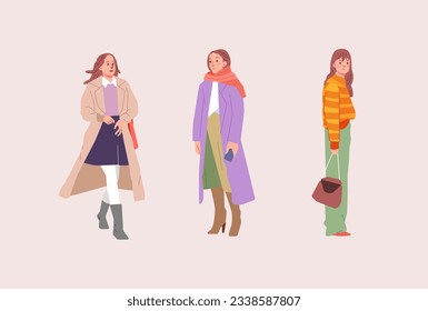 Joven y moderna de moda con ropa de moda. Casual elegante estilo urbano estilo calle llanura Dibujo gráfico vectorial de color plano