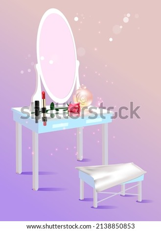Fashionable cosmetics on the dressing table with a mirror. lipstick. blush, perfume.
