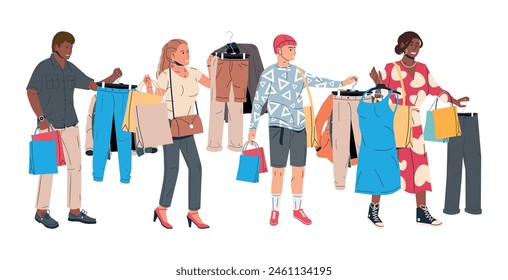 Fashionable Couple Holding Packages with Clothes. African American Woman and Caucasian Man After Shopping. Stylish People in Trendy Clothes. Female and Male Characters. Flat Vector Illustration