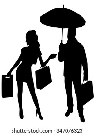 fashionable couple with shopping bags under umbrella