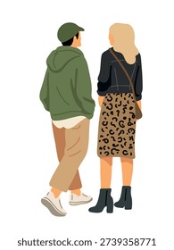 fashionable couple standing back perspective flat design