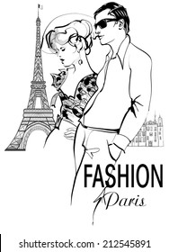 Fashionable couple strolling and shopping in Paris - vector illustration