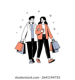 A fashionable couple strolls with shopping bags; the woman holds a drink. They are wearing stylish outfits and sneakers, in a modern outlined illustration.