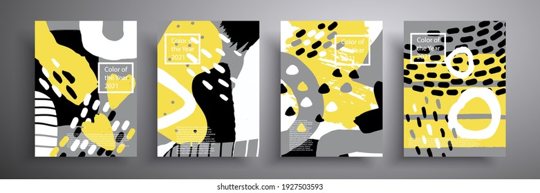 Fashionable cover designs. The trend colors of 2021 are yellow and gray. Compositions of minimal shapes for covers, posters, flyers, magazines