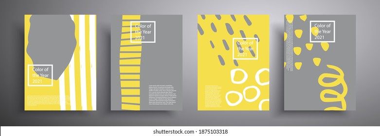 Fashionable cover designs. Vector compositions of minimal geometric shapes. The trend colors are yellow and gray. Colors 2021. Suitable for brochures, posters, covers and banners