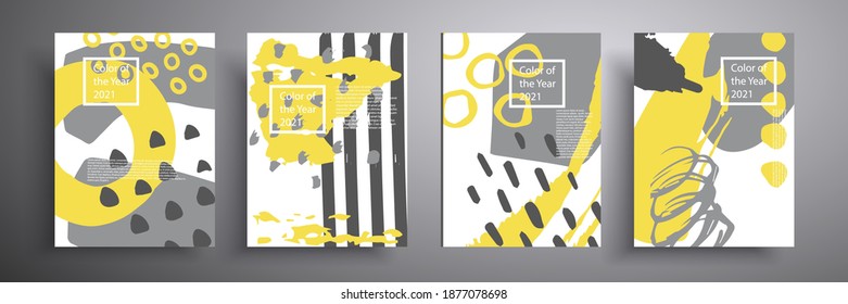 Fashionable cover designs. Vector compositions of minimal geometric shapes. The trend colors of 2021 are yellow and gray. A beautiful background that can be used for cover, poster, brochure design