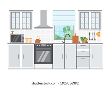 Fashionable cozy kitchen interior with window. Flat design