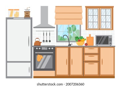 Fashionable cozy kitchen interior with a window, refrigerator and microwave. Flat design 