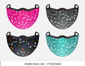 Fashionable creative colorful vector set of medical face masks. Isolated on gray background. To protect coronavirus, allergy, infection and contaminated air.