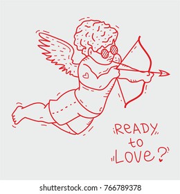 Fashionable Cupid With Glasses And Tattoo Shoots Arrows From His Bow, Hand Drawn Doodle, Sketch In Pop Art Style, Vector