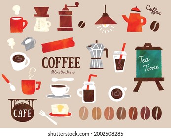 Fashionable and cute coffee motif watercolor illustrations. handwritten, cafe, pod, coffee beans, cups, cakes