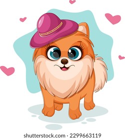 Fashionable and cute dog, pomeranian spitz with hat, fashionable card