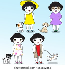 Fashionable Cute Girls with their Dogs illustration set