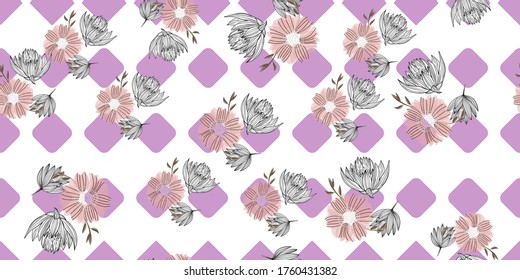 Fashionable cute pattern in native chamomile and lotus flowers. Flower seamless background for textiles, fabrics, covers, wallpapers, print, gift wrapping or any purpose