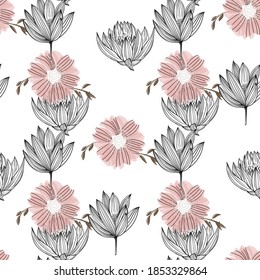 Fashionable cute pattern in native chamomile and lotus flowers. Flower seamless background for textiles, fabrics, covers, wallpapers, print, gift wrapping or any purpose