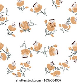 Fashionable cute pattern in nativel flowers. Floral seamless background for textiles, fabrics, covers, wallpapers, print, gift wrapping or any purpose.