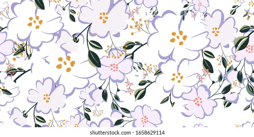 Fashionable cute pattern in nativel flowers. Floral seamless background for textiles, fabrics, covers, wallpapers, print, gift wrapping or any purpose.