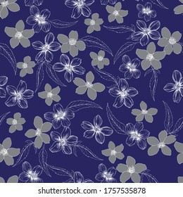 Fashionable cute seamless vector pattern in white and gray little flowers on a blue background. Background for textiles, fabrics, covers, wallpapers, print, gift-wrapping, or any purpose