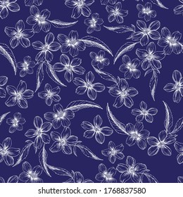 Fashionable cute seamless vector pattern with white sketches of little flowers on a blue background. Background for textiles, fabrics, covers, wallpapers, print, gift-wrapping or any purpose