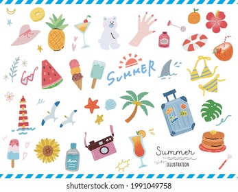  Fashionable and cute summer motif illustrations .handwritten, tropical, southern, Hawaii, fashion, travel, sunflower, sea, Marine , vector .