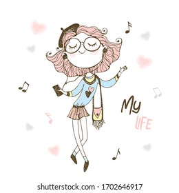 Fashionable cute teen girl in beret and glasses listening to music with headphones. Vector