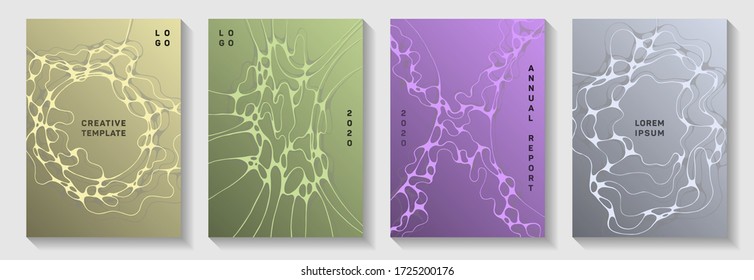 Fashionable dance party flyers. Curly waves tissue backgrounds. Delicate notebook vector templates. Electronic music party posters set fluid wavy graphic design.