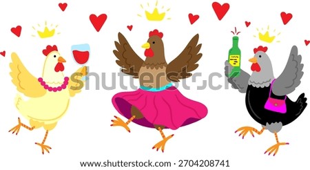 fashionable dancing hens hand-drawn vector set funny farm chickens with crowns wine and bottle celebrating birthday party or hen night isolated elements