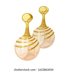 Fashionable dangling spiral shape yellow gold earrings with natural white pearl or opal. Elegant accessories vector realistic illustration for fashion, jewelry, bijouterie catalogue, showcase, website