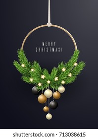 Fashionable decoration with spruce branches and Christmas balls. Christmas wreath, vector illustration.