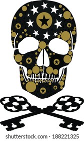 Fashionable design adapted to the skull. a pair of keys consists of a black and skulls crossbones design. This black skull and crossbones decorated with star and circle print pattern Vector icon