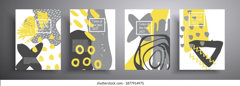 Modisch gestaltete Abdeckungen. Vektorkompositionen mit minimalen geometrischen Formen. Die Trendfarben sind gelb und grau. Farben 2021. Eignet sich für Broschüren, Plakate, Umschläge und Banner