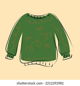 The fashionable design of the sweater is highlighted on a white background. Flat vector cartoon illustration. Knitted sweater on a white background. Women's knitted warm clothes.