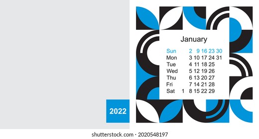 Fashionable desktop calendar template with graphic design for 2022, size 200x100mm