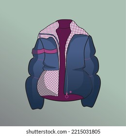 Modische Daunenjacke. Pufferte Winterherbstjacke, Daunenjacke. Technische Zeichnung der Jacke. Blau mit rosafarbener Farbe. Modeskizze. Illustration zum Thema der Modebranche. Mode 