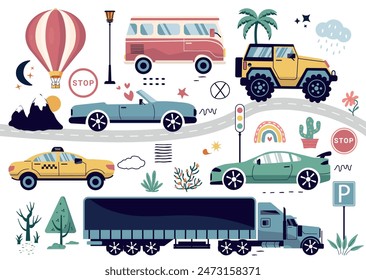 a fashionable drawing of cars. A transport set for children. A template with of toy cars, road signs,  tree. for print, paper, banners. art vector illustration.