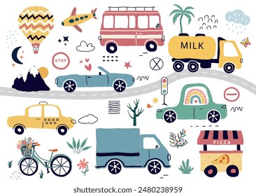 a fashionable drawing of cars. A transport set for children. A template with of toy cars, road signs,  tree. for print, paper, banners. art vector illustration.