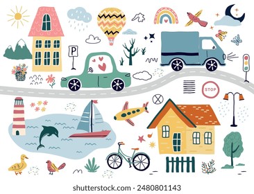 un dibujo de moda de los coches. Un set de transporte, creador para niños. Una Plantilla con miles de coches de juguete, señales de tráfico, árbol. para impresión, papel, Anuncios. arte Ilustración vectorial.