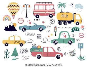 a fashionable drawing of cars. A transport set for children. A template with of toy cars, road signs,  tree. for print, paper, banners. art vector illustration.