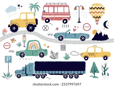 a fashionable drawing of cars. A transport set for children. A template with of toy cars, road signs,  tree. for print, paper, banners. art vector illustration.