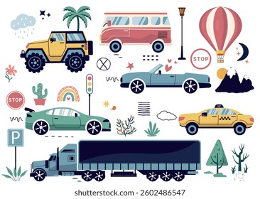 a fashionable drawing of cars. A transport set for children. A template with of toy cars, road signs,  tree. for print, paper, banners. art vector illustration.