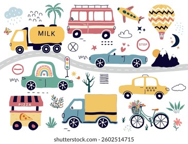 a fashionable drawing of cars. A transport set for children. A template with of toy cars, road signs,  tree. for print, paper, banners. art vector illustration.