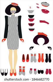 Fashionable dress with a set of berets, face masks, shoes. Fashion for women. Templates for design of clothes and accessories. Graphic illustration isolated on white background.
