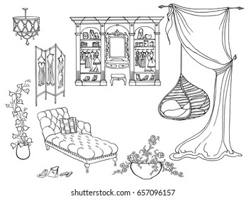 Fashionable dressing room dream woman, cabinet, hanging chair, plants, screen with clothes, shoes, dresses, drawn black lines on a white background vector