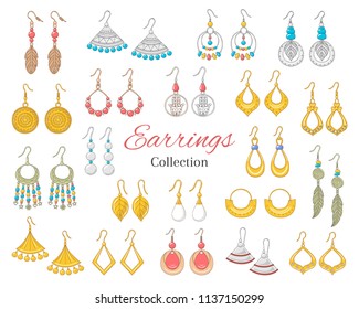 Fashionable earrings collection, vector hand drawn doodle illustration, isolated on white background.