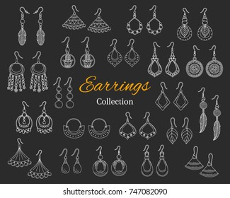 Fashionable earrings collection, vector hand drawn  doodle illustration, isolated on chalkboard background.