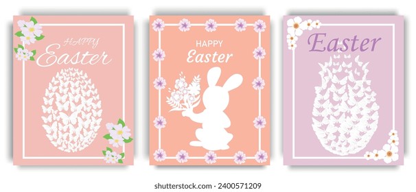 Fashionable Easter greeting poster template. The vector illustration is presented in a trendy peach color with butterflies in the shape of eggs and an Easter bunny.