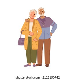 Fashionable elderly couple cuddling, isolated grandmother and grandfather wearing stylish clothes. Vector grandparents on pension, glamor family members. Modern man and woman, flat cartoon characters