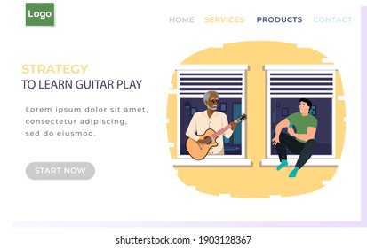 Fashionable elderly man on balcony plays guitar. Person sings song to guy. Teenager listening to music. People at home enjoying time with musical instrument. Guitar learning strategy website